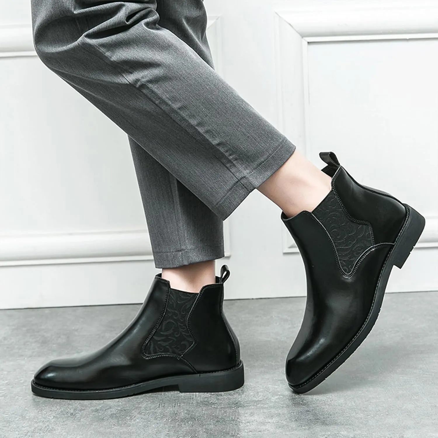 Men's Leather Chelsea Ankle Boots Lightweight Casual Slip-on Chukka Boots Classic Elastic Business Dress Boots