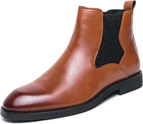 Men's Leather Chelsea Ankle Boots Lightweight Casual Slip-on Chukka Boots Classic Elastic Business Dress Boots