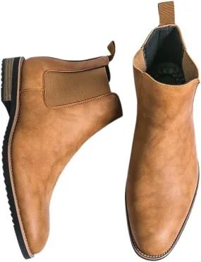 Mens Leather Chelsea Boots Classic Casual Comfortable Slip On Ankle Boots Fashion Mid Top PU Western Style Dress Boots