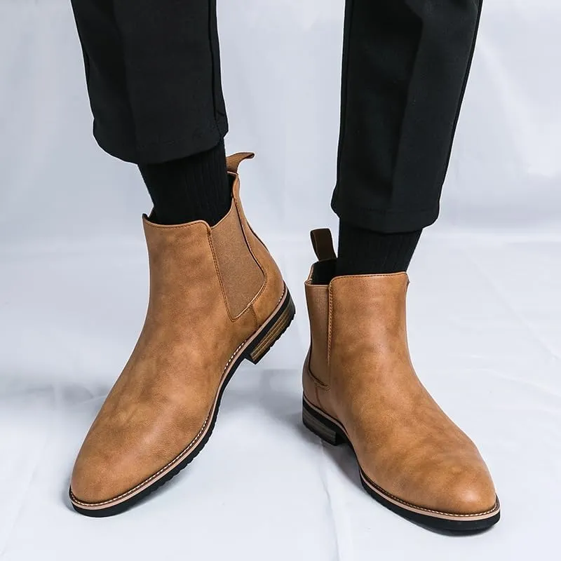 Mens Leather Chelsea Boots Classic Casual Comfortable Slip On Ankle Boots Fashion Mid Top PU Western Style Dress Boots