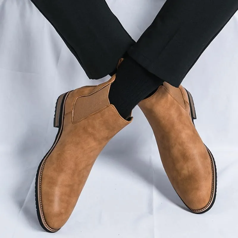 Mens Leather Chelsea Boots Classic Casual Comfortable Slip On Ankle Boots Fashion Mid Top PU Western Style Dress Boots