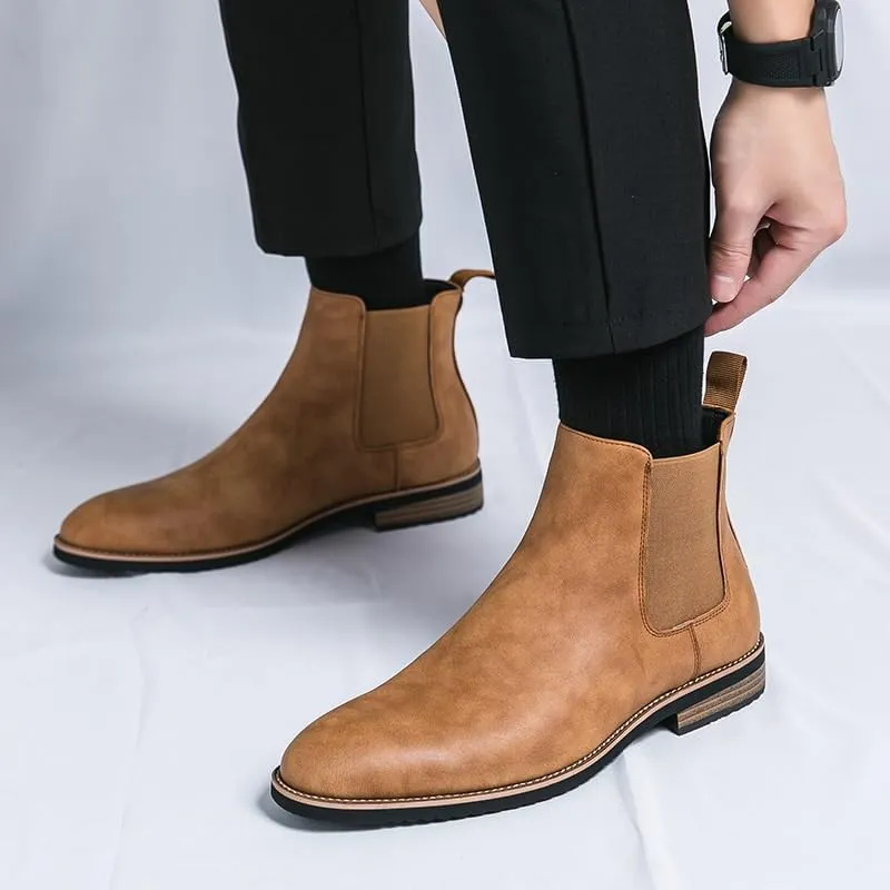 Mens Leather Chelsea Boots Classic Casual Comfortable Slip On Ankle Boots Fashion Mid Top PU Western Style Dress Boots