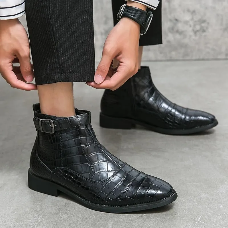 Men's Leather Chunky Heel Chelsea Ankle Boots Fashion Pointed Toe Side Zipper Non-Slip Low block Heel Business Dress Booties