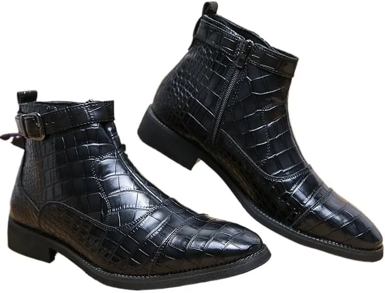 Men's Leather Chunky Heel Chelsea Ankle Boots Fashion Pointed Toe Side Zipper Non-Slip Low block Heel Business Dress Booties