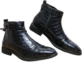 Men's Leather Chunky Heel Chelsea Ankle Boots Fashion Pointed Toe Side Zipper Non-Slip Low block Heel Business Dress Booties