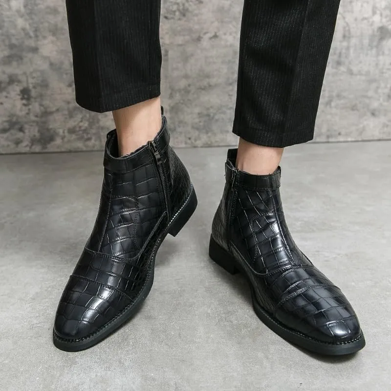Men's Leather Chunky Heel Chelsea Ankle Boots Fashion Pointed Toe Side Zipper Non-Slip Low block Heel Business Dress Booties