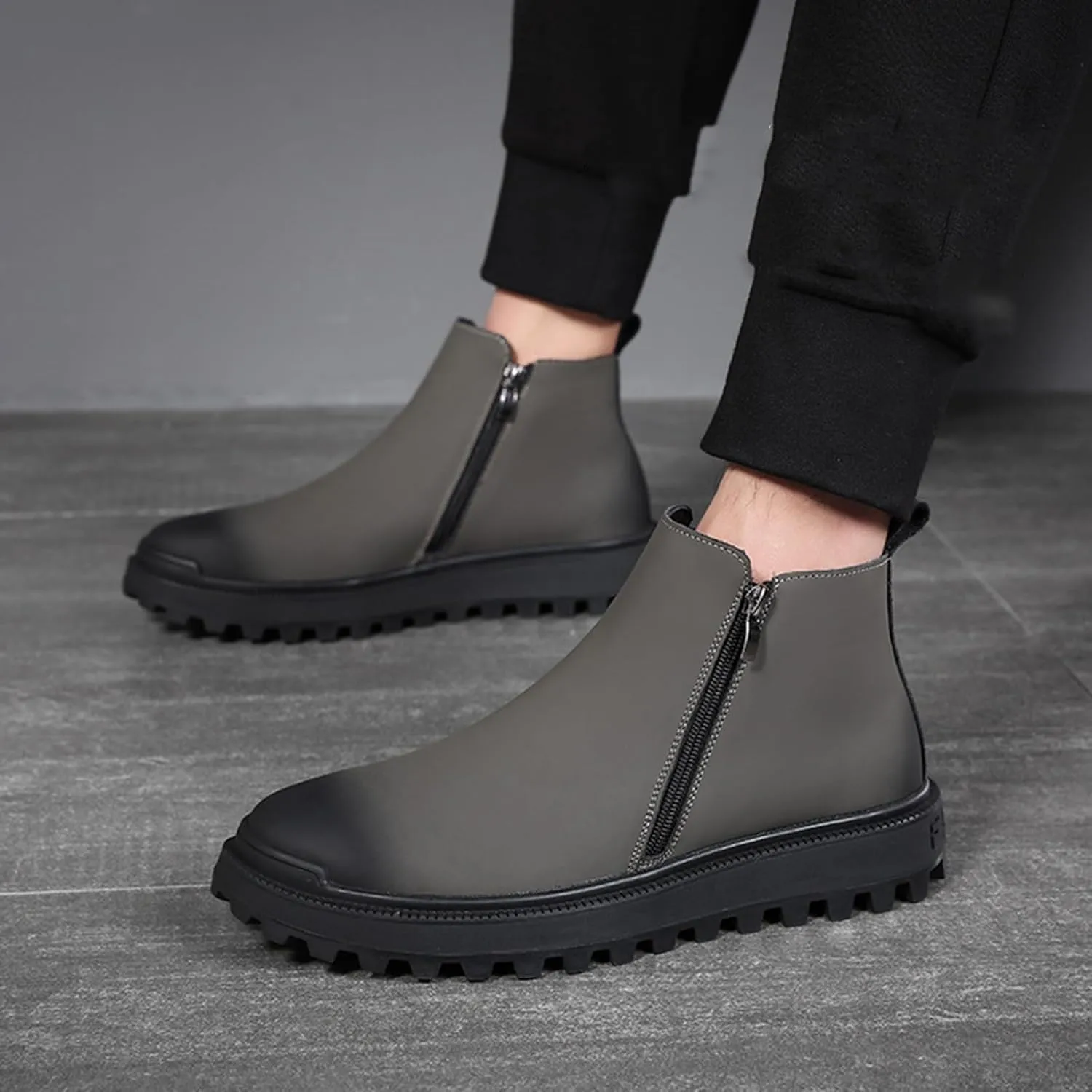 Men's Leather Lug Sole Chelsea Boots Side Zip Casual Slip On Ankle Boots Fur Lined Warm Waterproof Men Dress Boots