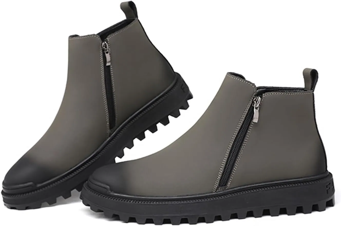 Men's Leather Lug Sole Chelsea Boots Side Zip Casual Slip On Ankle Boots Fur Lined Warm Waterproof Men Dress Boots