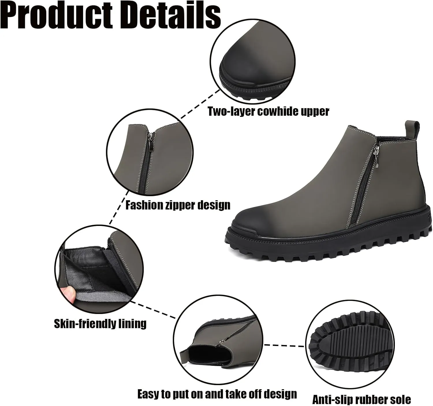 Men's Leather Lug Sole Chelsea Boots Side Zip Casual Slip On Ankle Boots Fur Lined Warm Waterproof Men Dress Boots