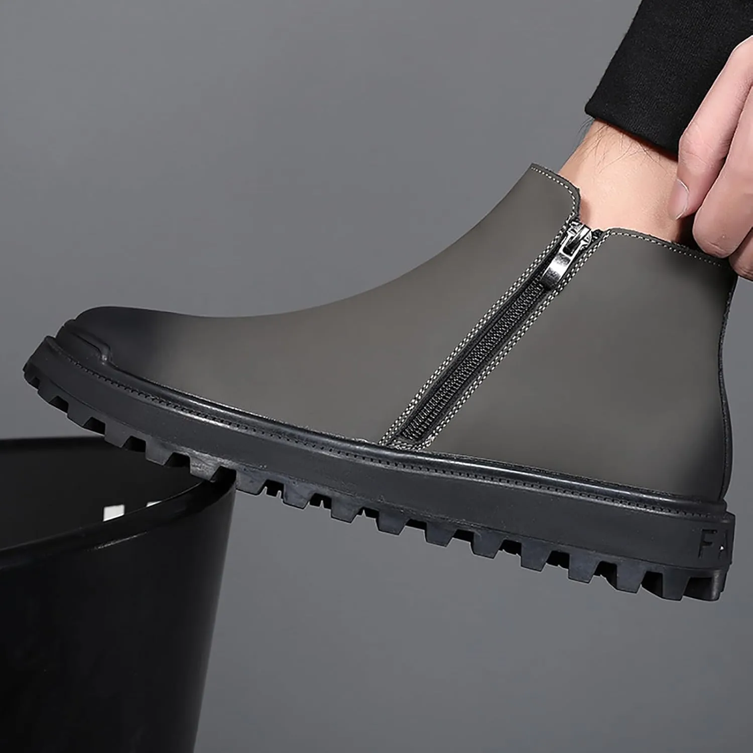 Men's Leather Lug Sole Chelsea Boots Side Zip Casual Slip On Ankle Boots Fur Lined Warm Waterproof Men Dress Boots