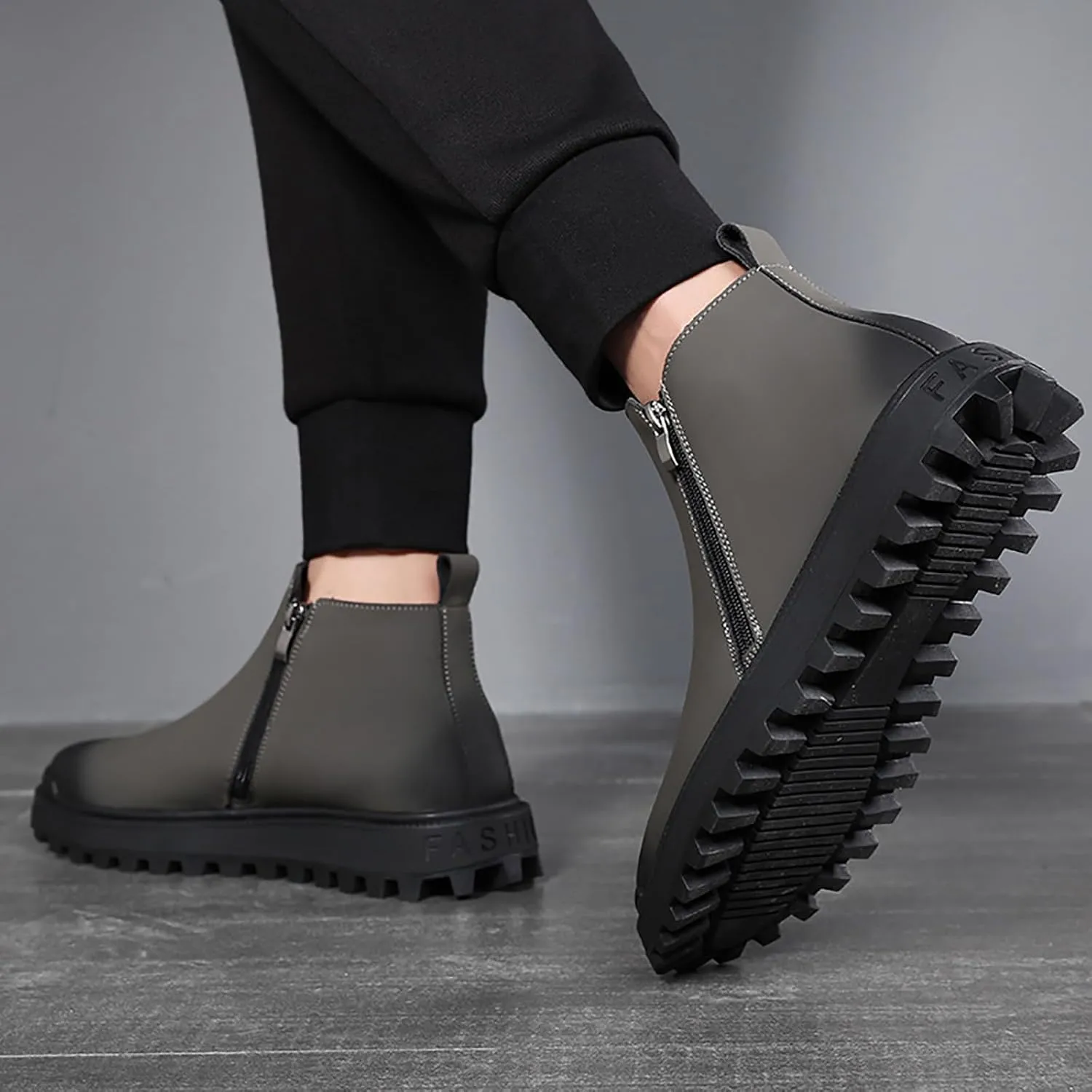 Men's Leather Lug Sole Chelsea Boots Side Zip Casual Slip On Ankle Boots Fur Lined Warm Waterproof Men Dress Boots