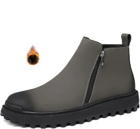 Men's Leather Lug Sole Chelsea Boots Side Zip Casual Slip On Ankle Boots Fur Lined Warm Waterproof Men Dress Boots