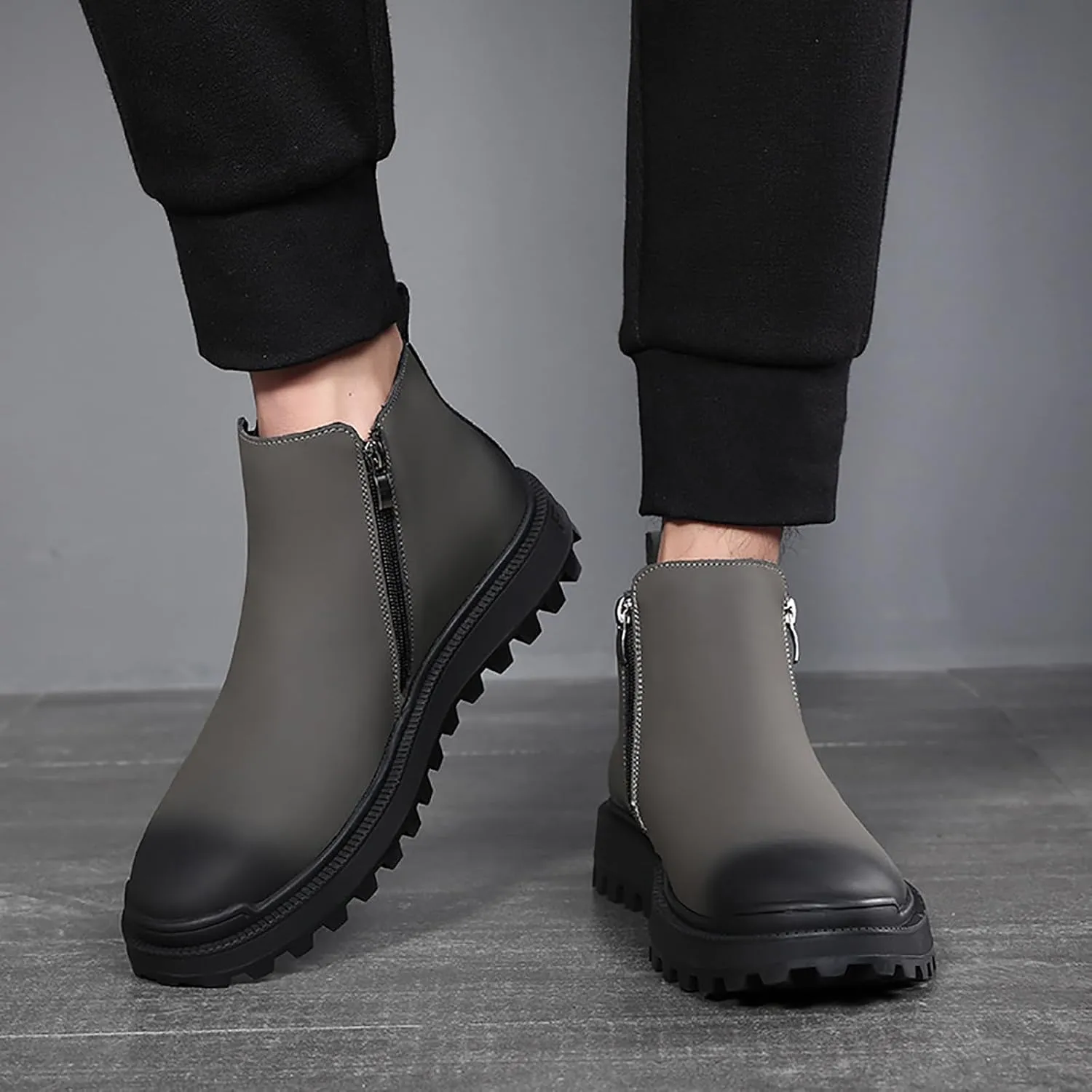 Men's Leather Lug Sole Chelsea Boots Side Zip Casual Slip On Ankle Boots Fur Lined Warm Waterproof Men Dress Boots