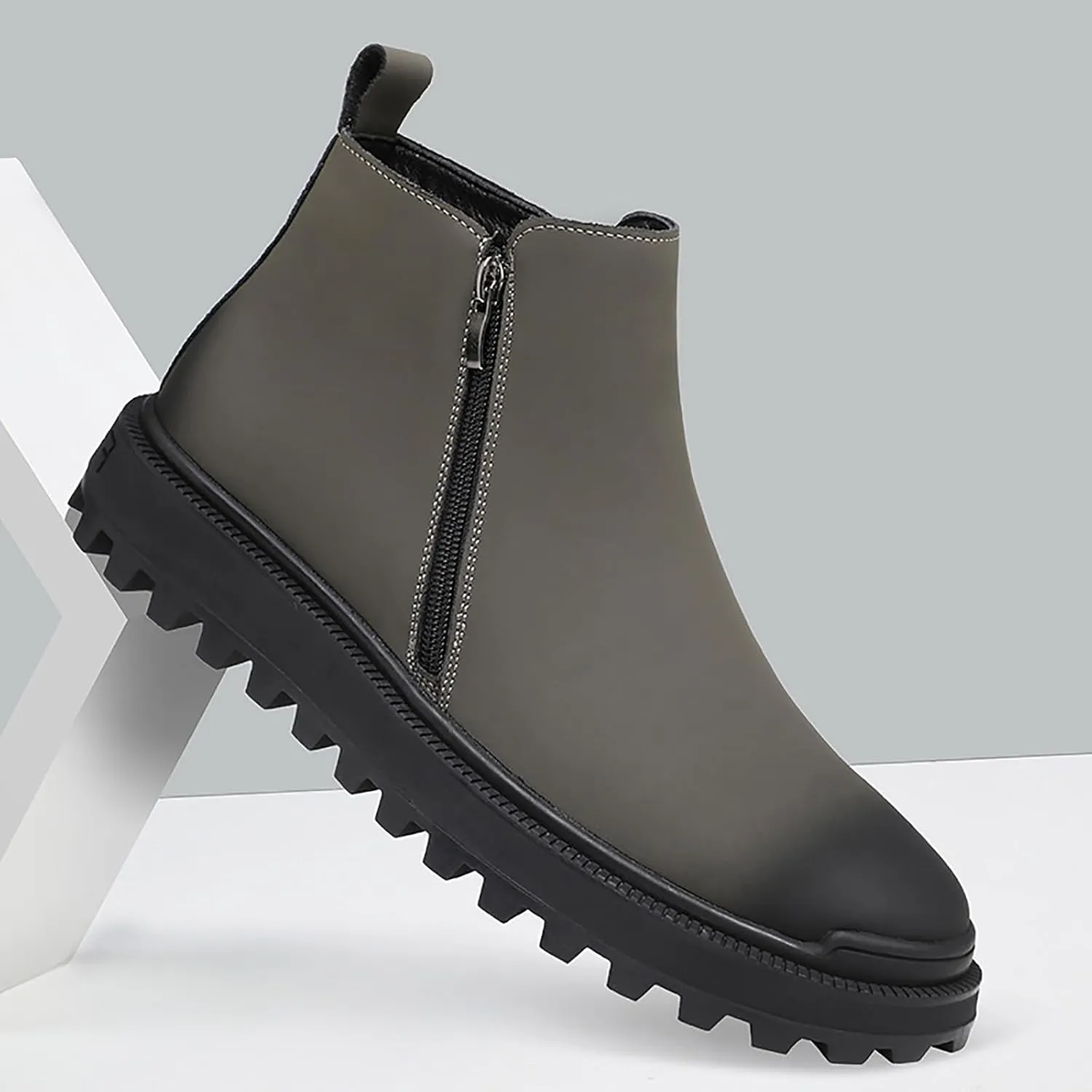 Men's Leather Lug Sole Chelsea Boots Side Zip Casual Slip On Ankle Boots Fur Lined Warm Waterproof Men Dress Boots