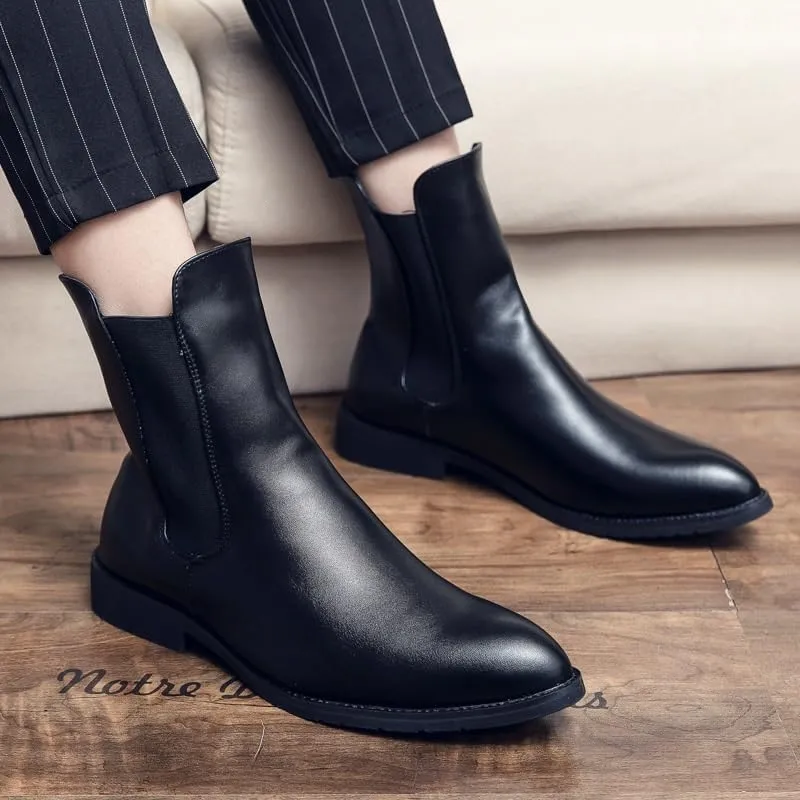 Mens Leather Platform Lug Sole Chelsea Boots Cap Toe Elastic Slip On Chunky Heel Dress Ankle Boots