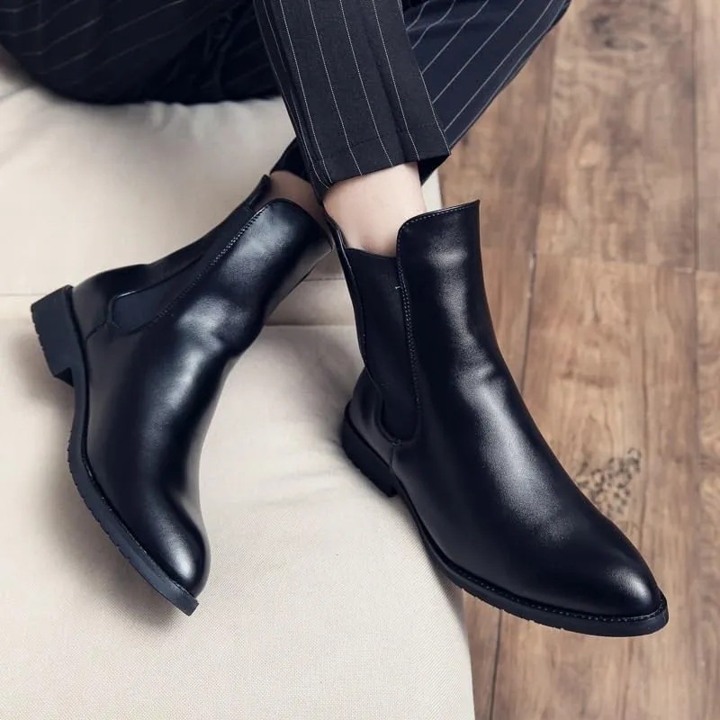 Mens Leather Platform Lug Sole Chelsea Boots Cap Toe Elastic Slip On Chunky Heel Dress Ankle Boots