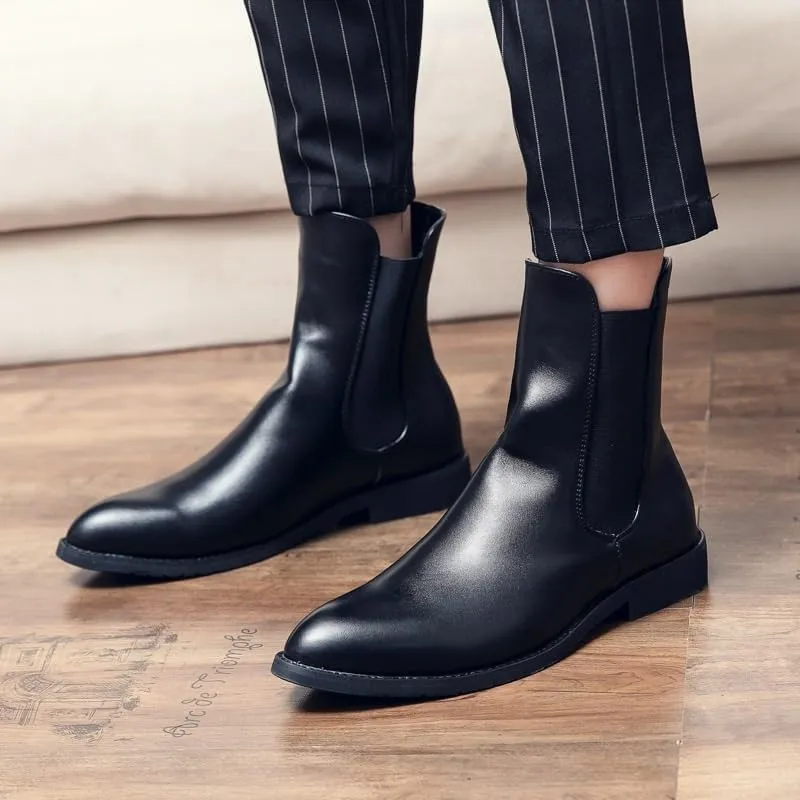 Mens Leather Platform Lug Sole Chelsea Boots Cap Toe Elastic Slip On Chunky Heel Dress Ankle Boots
