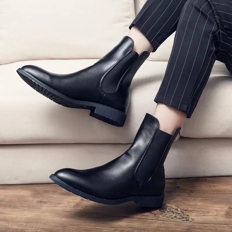 Mens Leather Platform Lug Sole Chelsea Boots Cap Toe Elastic Slip On Chunky Heel Dress Ankle Boots