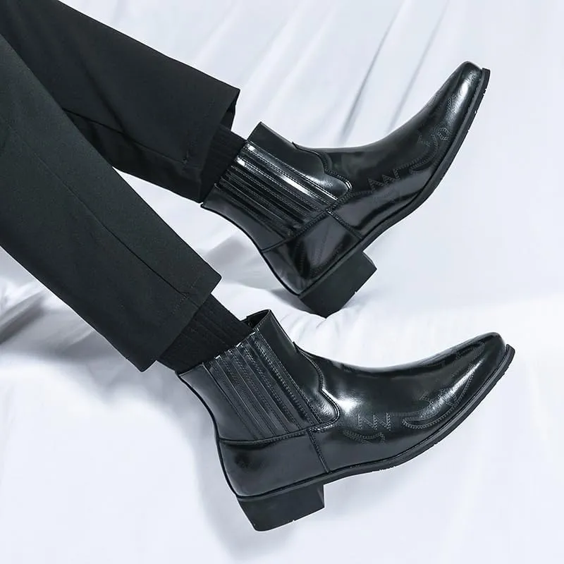 Men'S Leather Printed Low Chunky Heel Chelsea Boots Slip-On with Dress and Casual Boots for Men Suitable Driving Work
