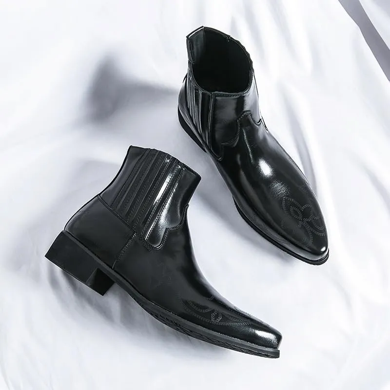 Men'S Leather Printed Low Chunky Heel Chelsea Boots Slip-On with Dress and Casual Boots for Men Suitable Driving Work