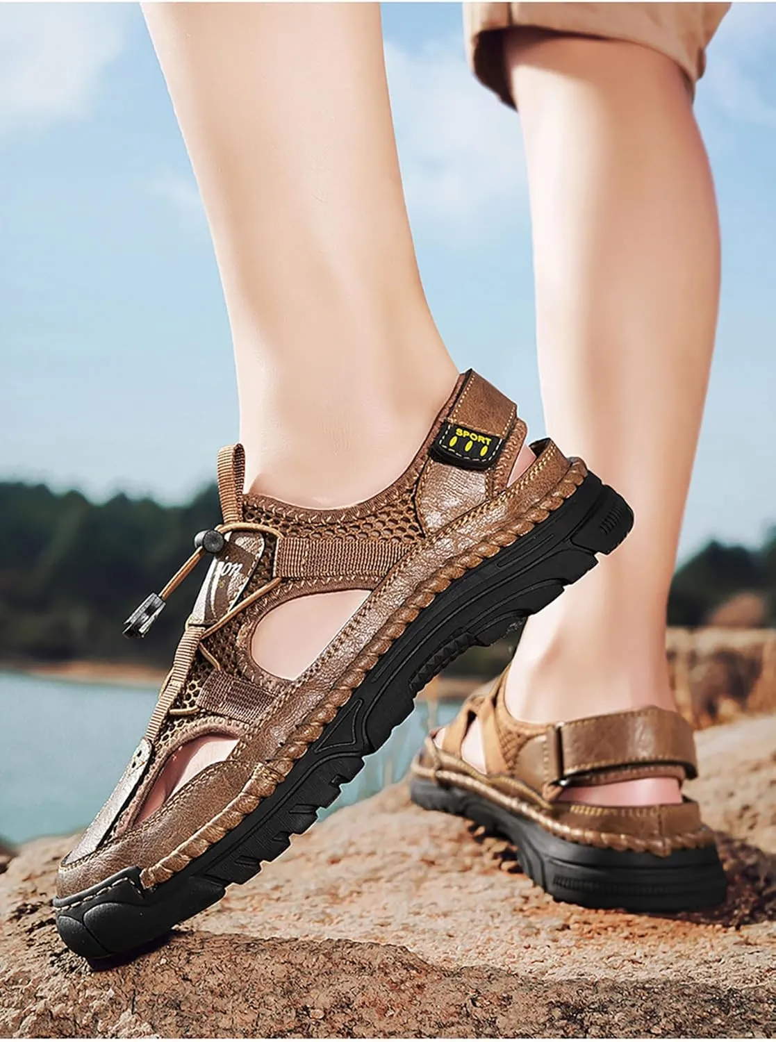 Mens Leather Sandals Outdoor Hiking Sandals Waterproof Athletic Sports Fisherman