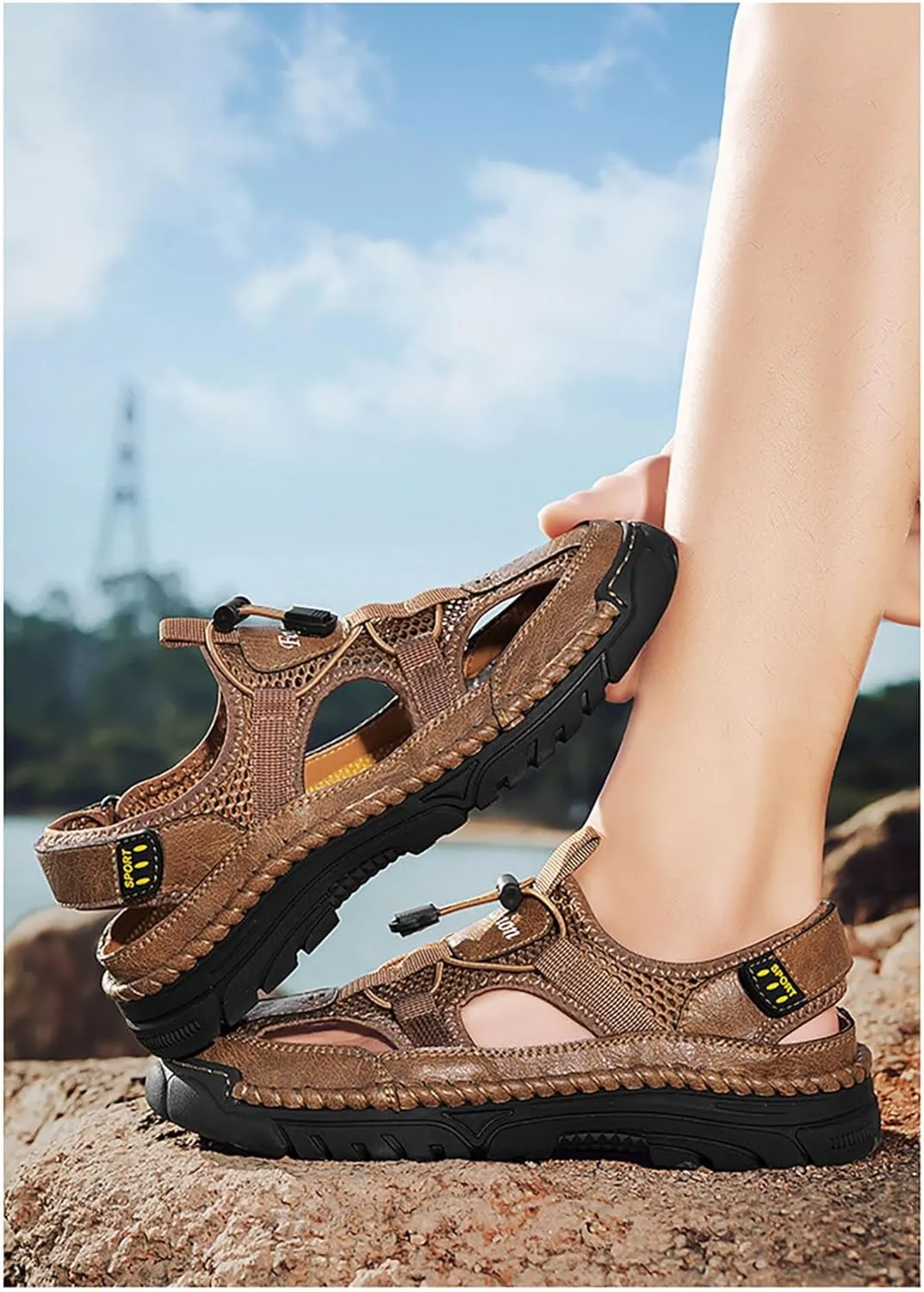 Mens Leather Sandals Outdoor Hiking Sandals Waterproof Athletic Sports Fisherman
