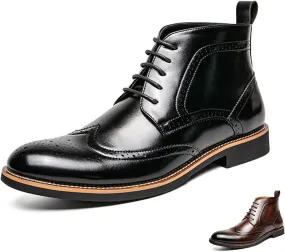 Men's Leather Wingtip Carving Lace Up Chelsea Dress Boots Fashion British Style Pointed Toe Brogue Oxford Boots Casual Business Formal Boots