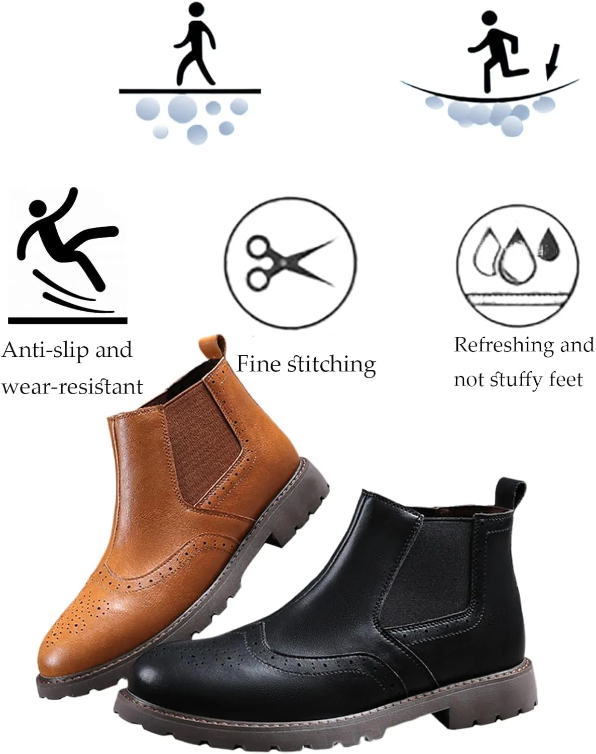 Men's Leather Wingtip Carving Thick Heel Chelsea Ankle Boots Fashionable Round Toe Elastic Band One-Step Low Thick Heel Non-Slip Formal Oxford Boots Casual Business Ankle Boots