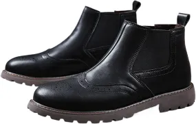 Men's Leather Wingtip Carving Thick Heel Chelsea Ankle Boots Fashionable Round Toe Elastic Band One-Step Low Thick Heel Non-Slip Formal Oxford Boots Casual Business Ankle Boots