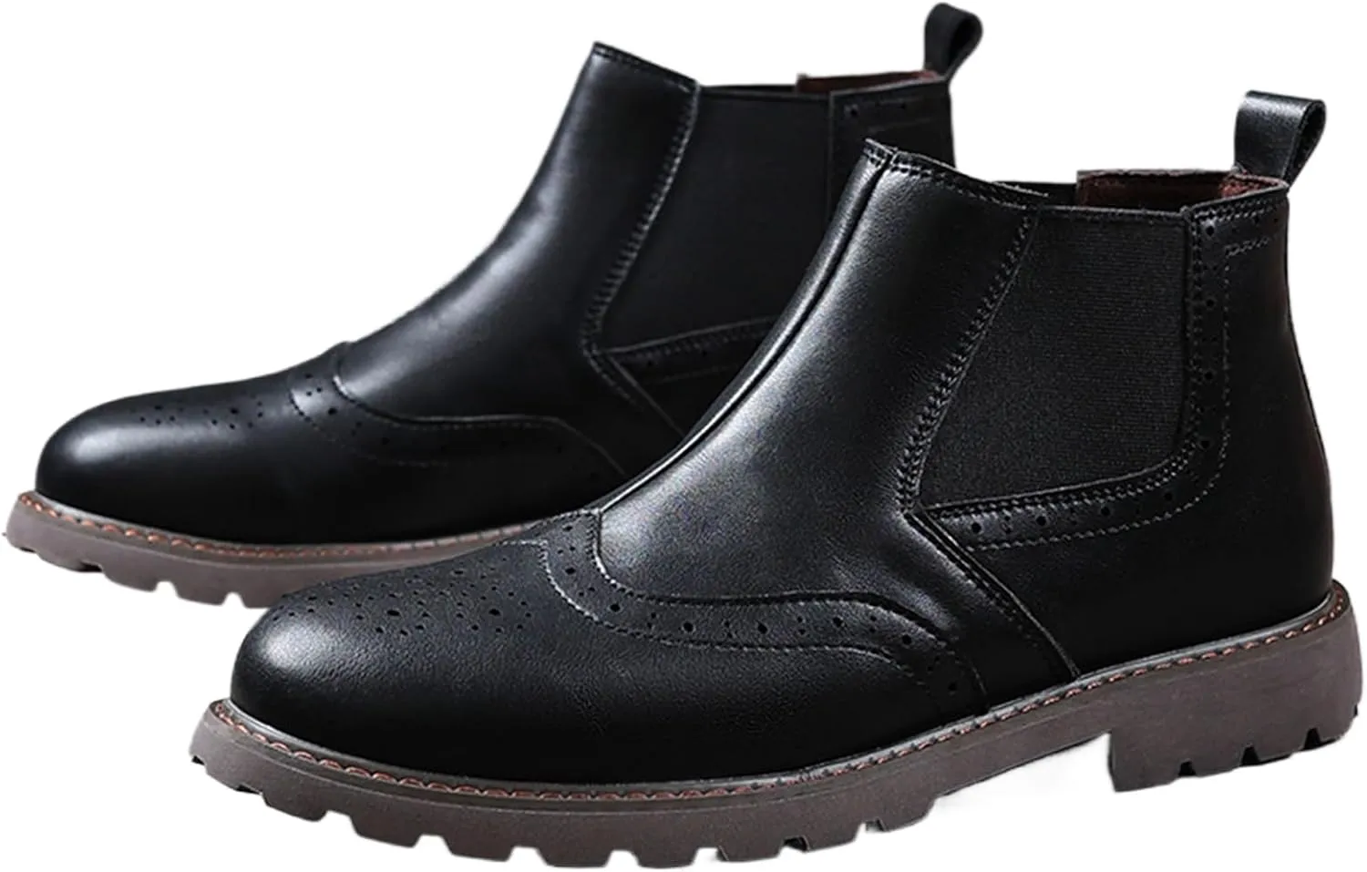 Men's Leather Wingtip Carving Thick Heel Chelsea Ankle Boots Fashionable Round Toe Elastic Band One-Step Low Thick Heel Non-Slip Formal Oxford Boots Casual Business Ankle Boots