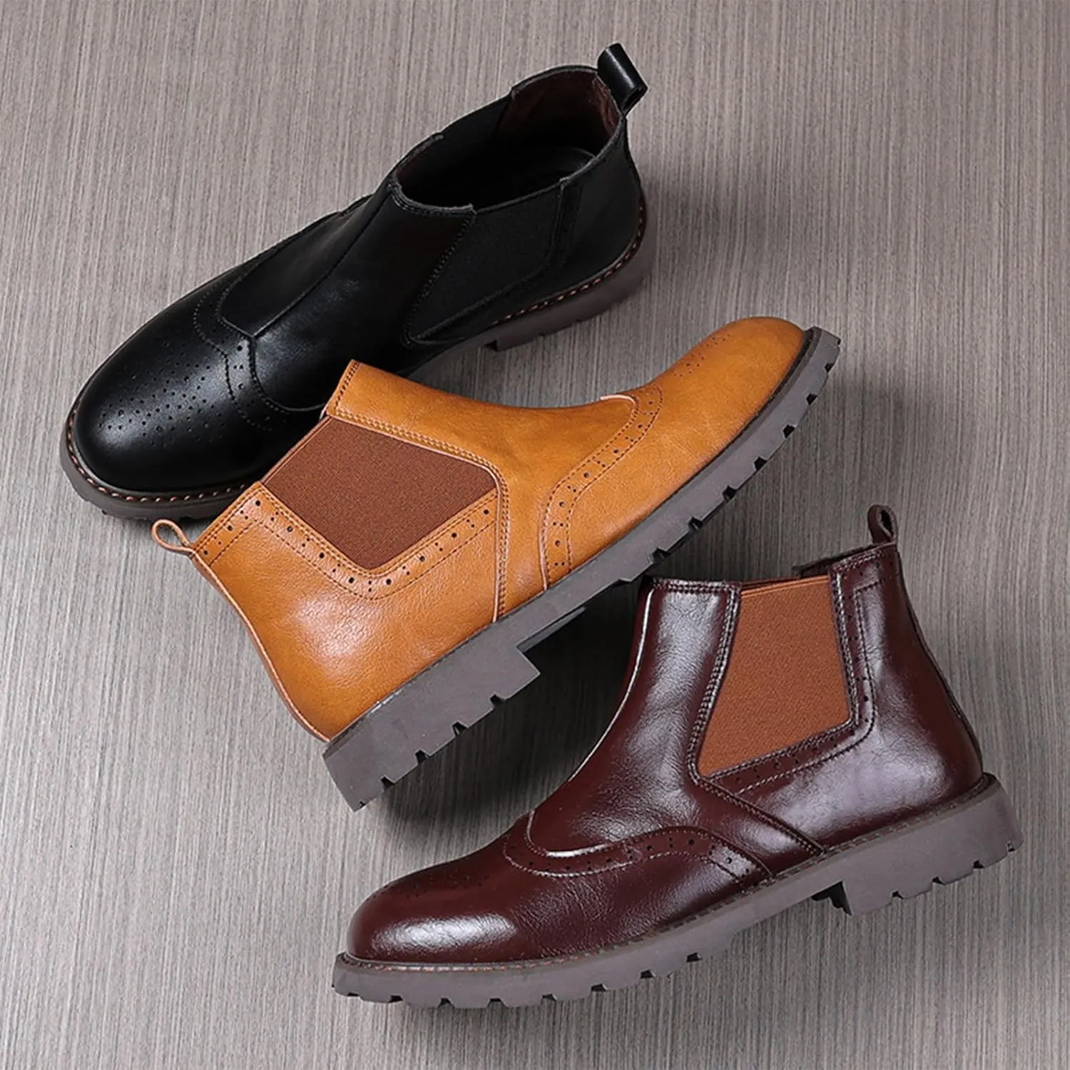 Men's Leather Wingtip Carving Thick Heel Chelsea Ankle Boots Fashionable Round Toe Elastic Band One-Step Low Thick Heel Non-Slip Formal Oxford Boots Casual Business Ankle Boots