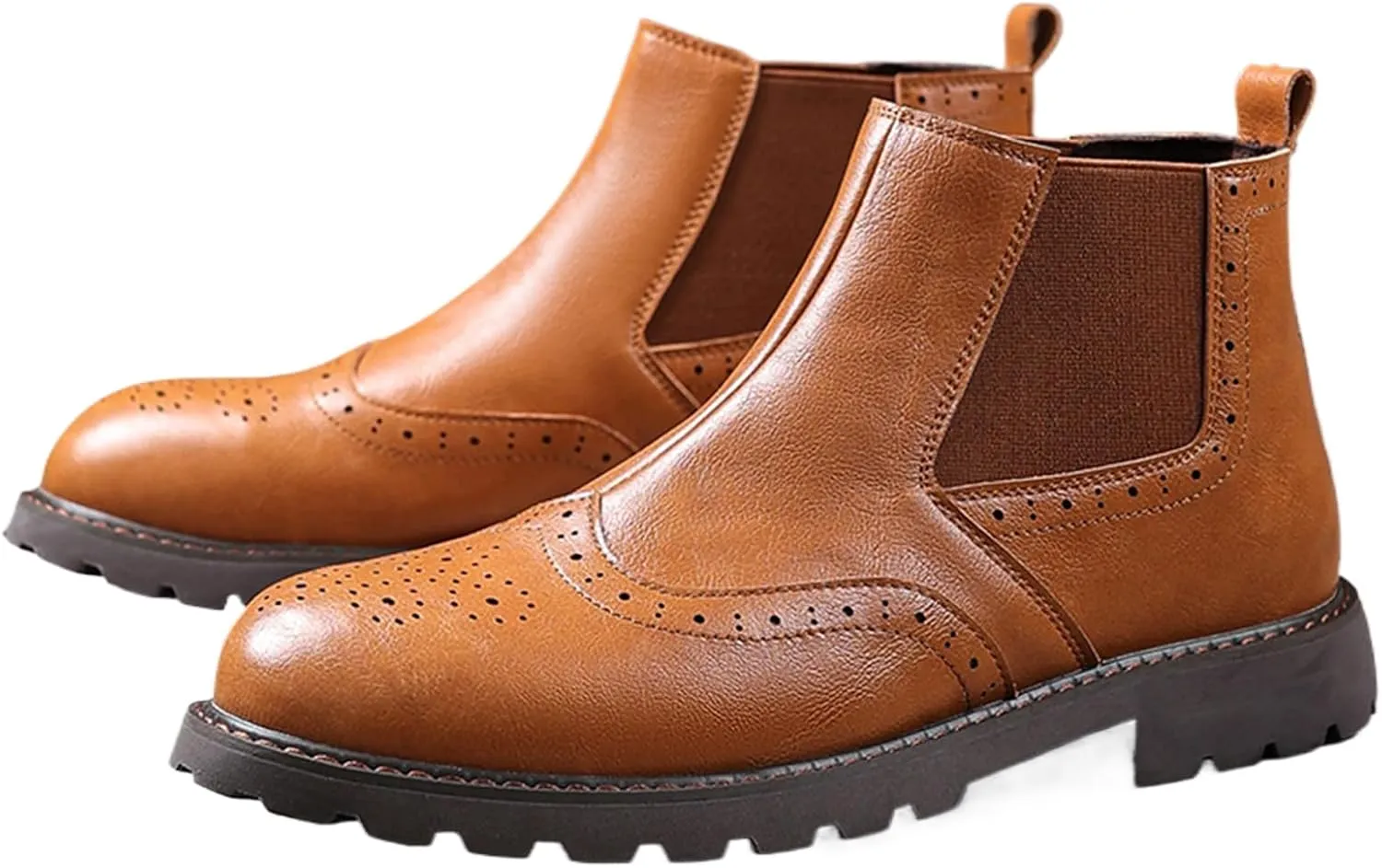 Men's Leather Wingtip Carving Thick Heel Chelsea Ankle Boots Fashionable Round Toe Elastic Band One-Step Low Thick Heel Non-Slip Formal Oxford Boots Casual Business Ankle Boots