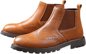 Men's Leather Wingtip Carving Thick Heel Chelsea Ankle Boots Fashionable Round Toe Elastic Band One-Step Low Thick Heel Non-Slip Formal Oxford Boots Casual Business Ankle Boots