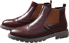 Men's Leather Wingtip Carving Thick Heel Chelsea Ankle Boots Fashionable Round Toe Elastic Band One-Step Low Thick Heel Non-Slip Formal Oxford Boots Casual Business Ankle Boots