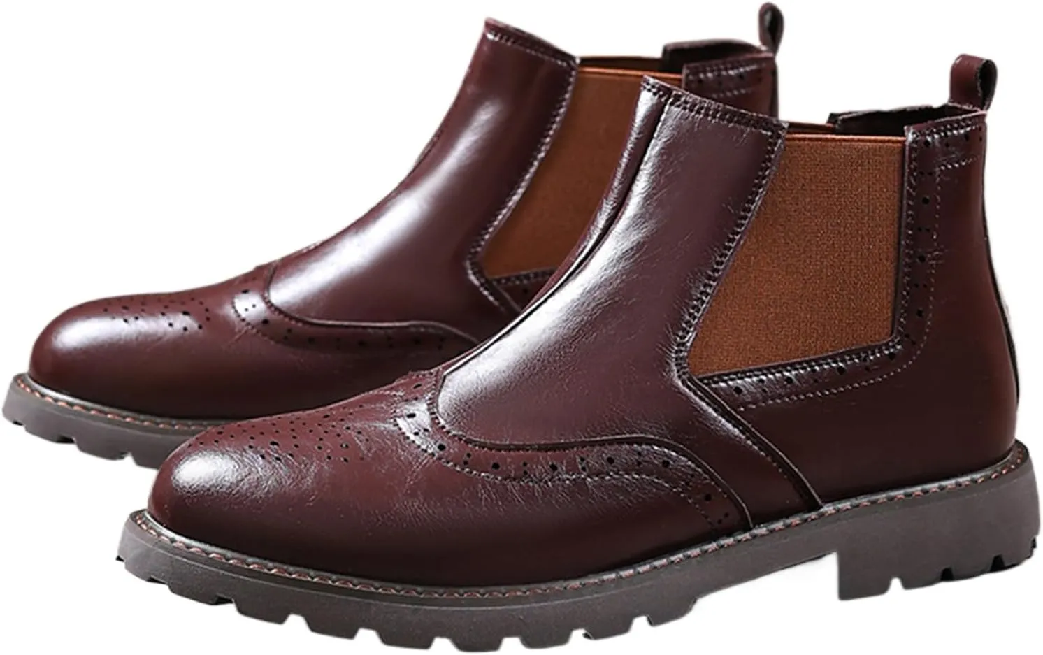 Men's Leather Wingtip Carving Thick Heel Chelsea Ankle Boots Fashionable Round Toe Elastic Band One-Step Low Thick Heel Non-Slip Formal Oxford Boots Casual Business Ankle Boots