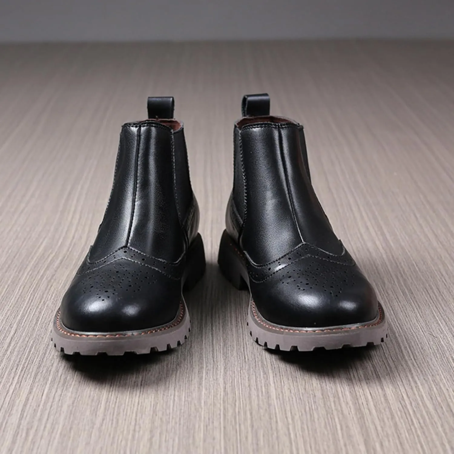 Men's Leather Wingtip Carving Thick Heel Chelsea Ankle Boots Fashionable Round Toe Elastic Band One-Step Low Thick Heel Non-Slip Formal Oxford Boots Casual Business Ankle Boots