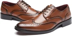 Men's Leather Wingtip Chunky Heel Oxford Shoes Business Pointed Brogue Carved Lace-Up Casual Work Dress Shoes Suitable for Work Wedding Driving