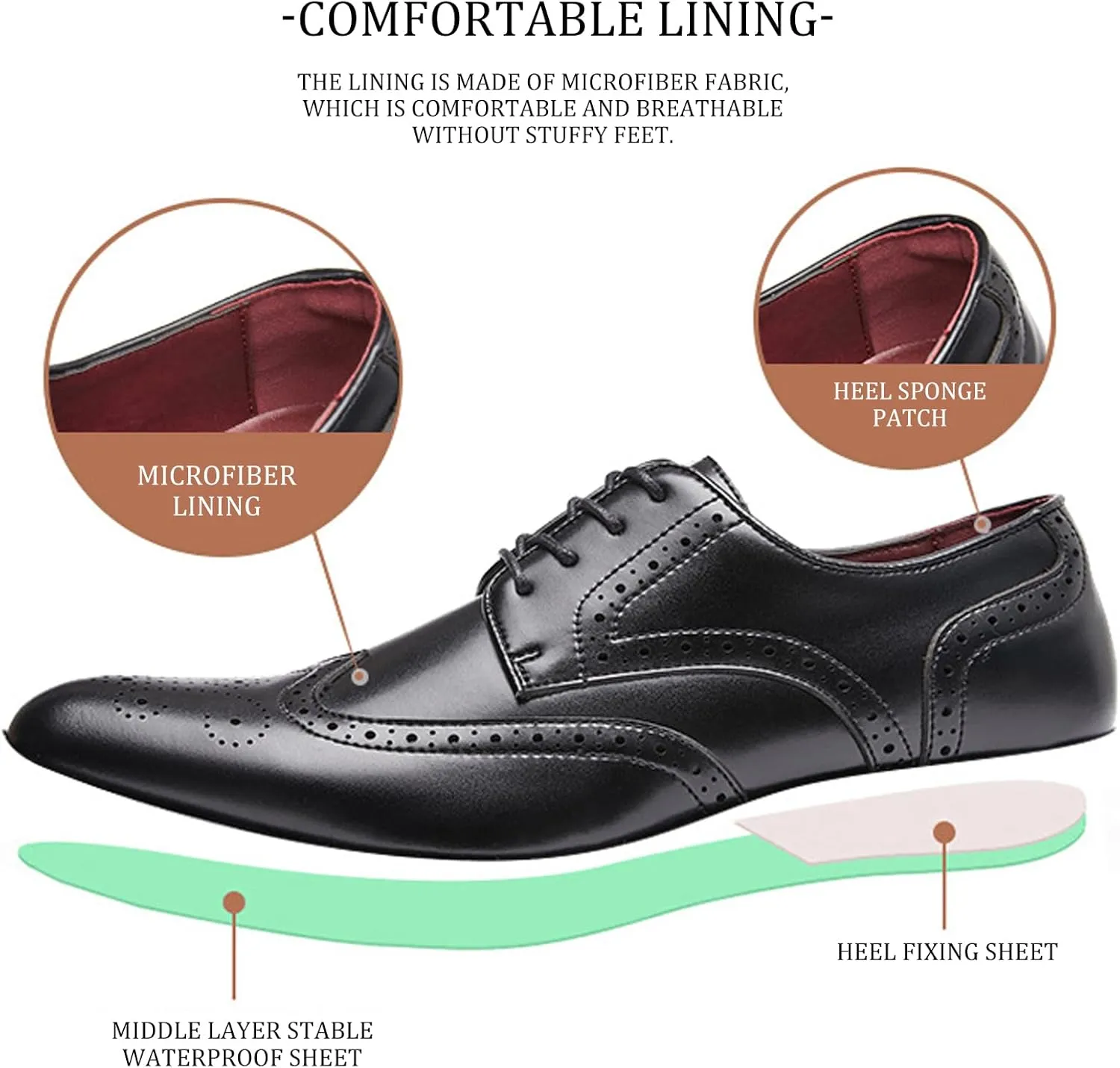 Men's Leather Wingtip Chunky Heel Oxford Shoes Business Pointed Brogue Carved Lace-Up Casual Work Dress Shoes Suitable for Work Wedding Driving