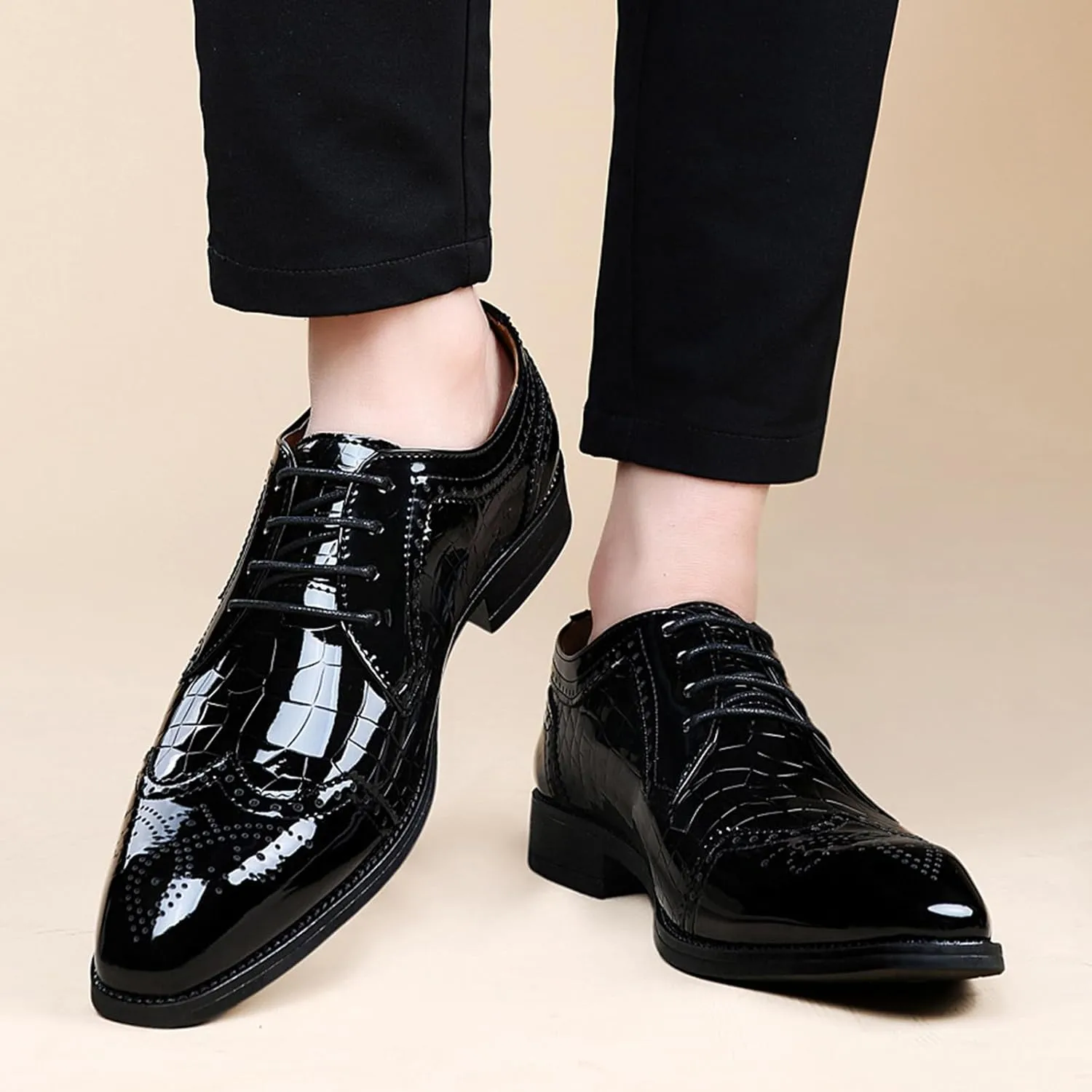 Men's Patent Leather Carved Brogue Oxford Shoes with Adjustable Laces Pointed Toe Wedding Shoes for Men, Business Formal Casual Shoes