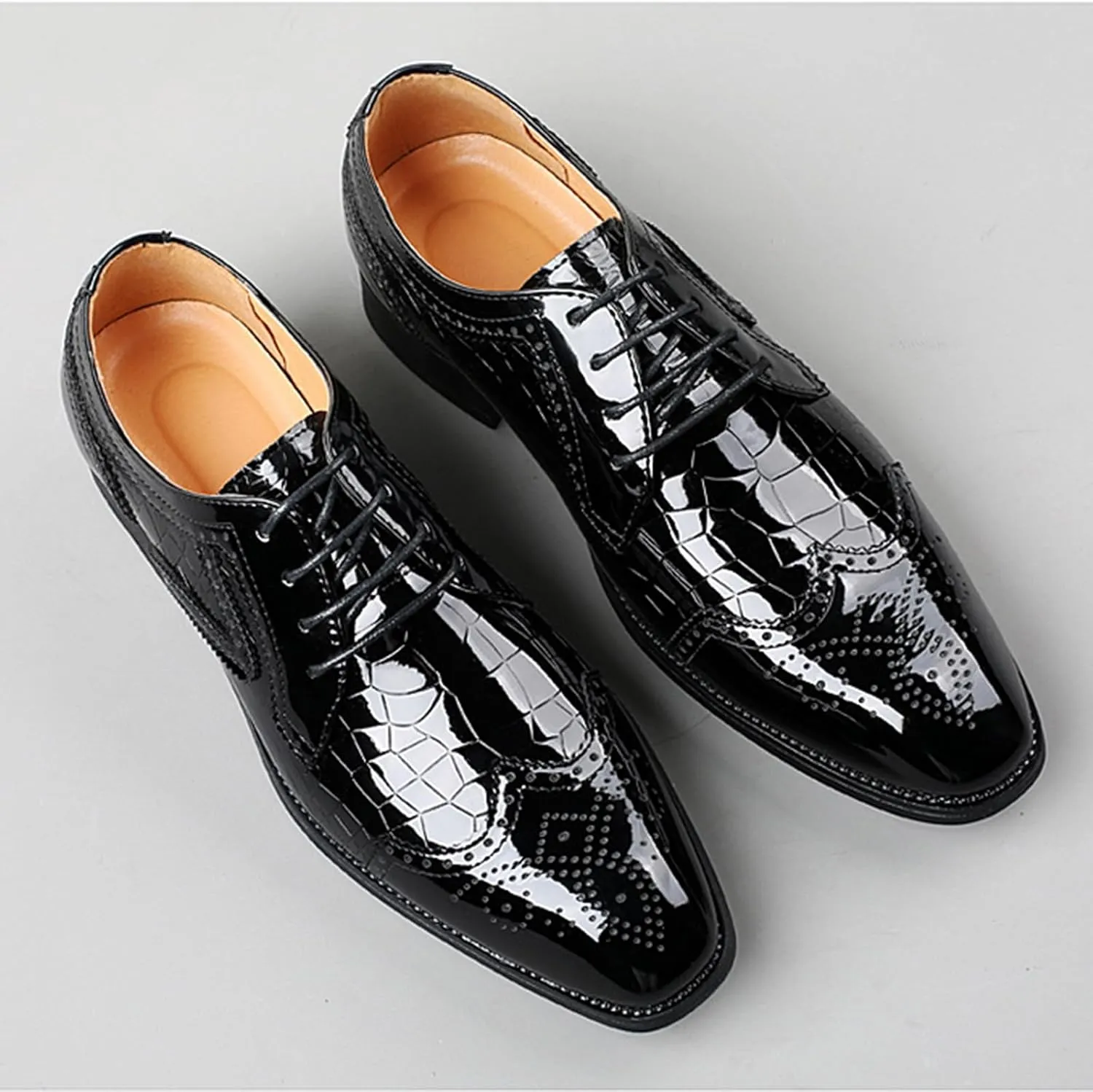 Men's Patent Leather Carved Brogue Oxford Shoes with Adjustable Laces Pointed Toe Wedding Shoes for Men, Business Formal Casual Shoes