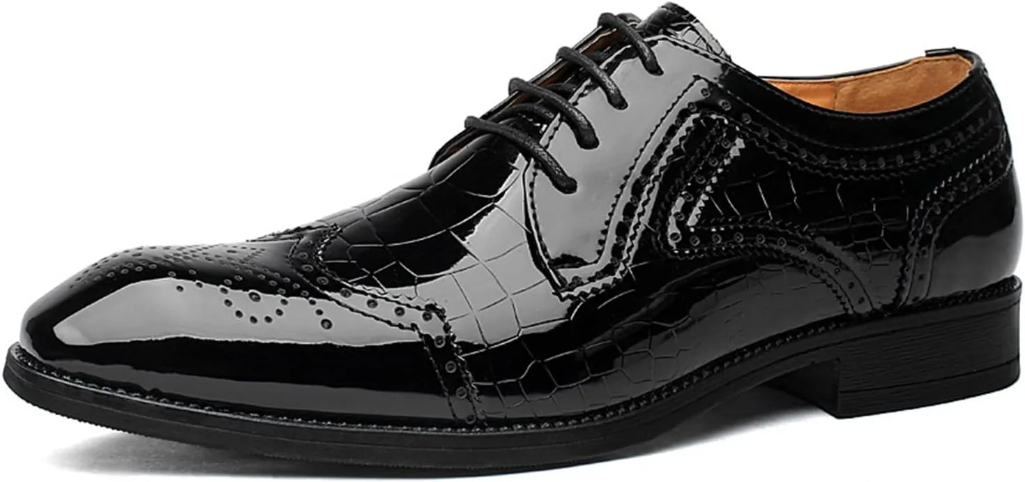 Men's Patent Leather Carved Brogue Oxford Shoes with Adjustable Laces Pointed Toe Wedding Shoes for Men, Business Formal Casual Shoes