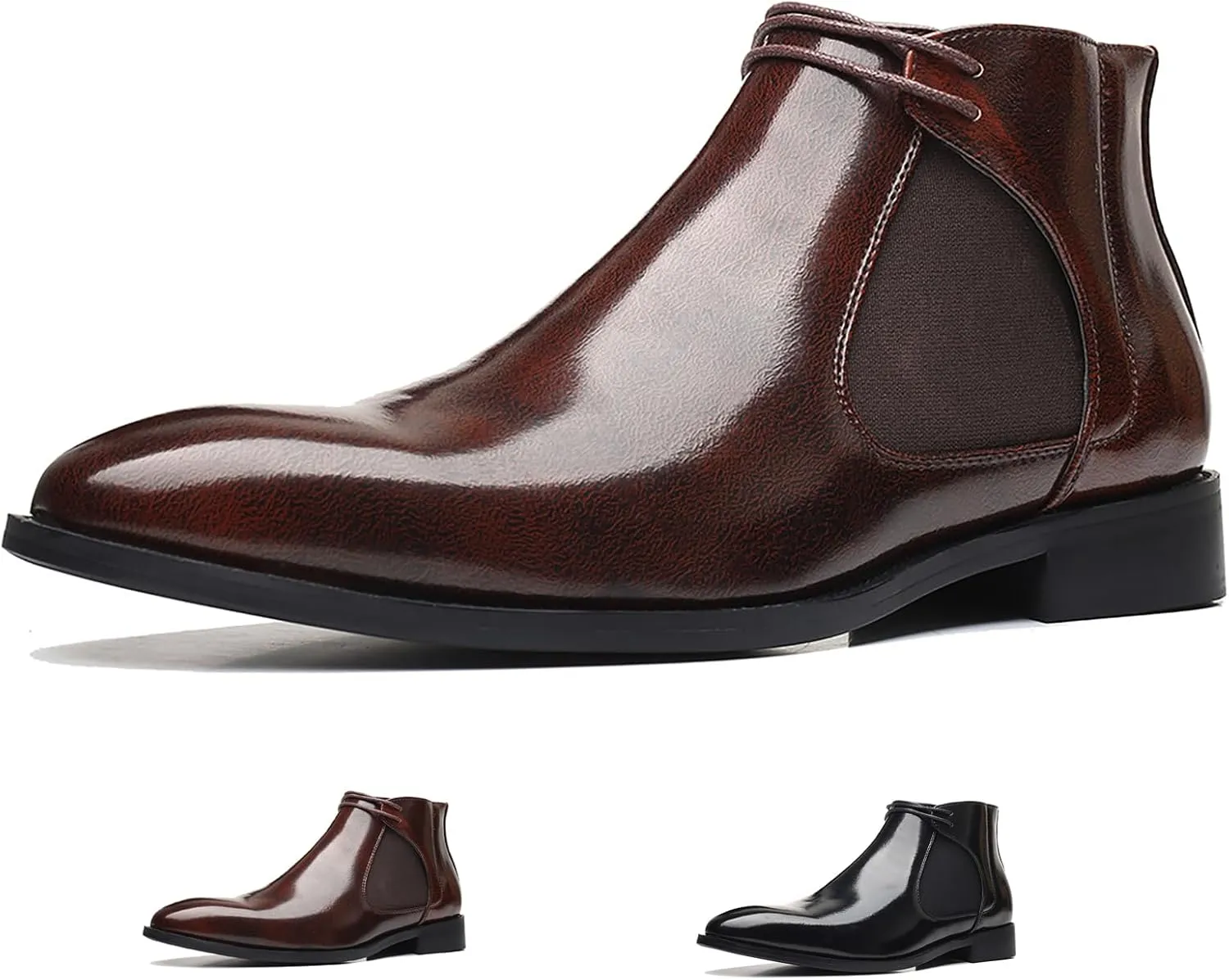 Men's Pointed Toe Lace Up Dress Chelsea Boots,Retro High Tops Elastic Ankle Boot Comfortable Slip-On Leather Business Work Formal Boots