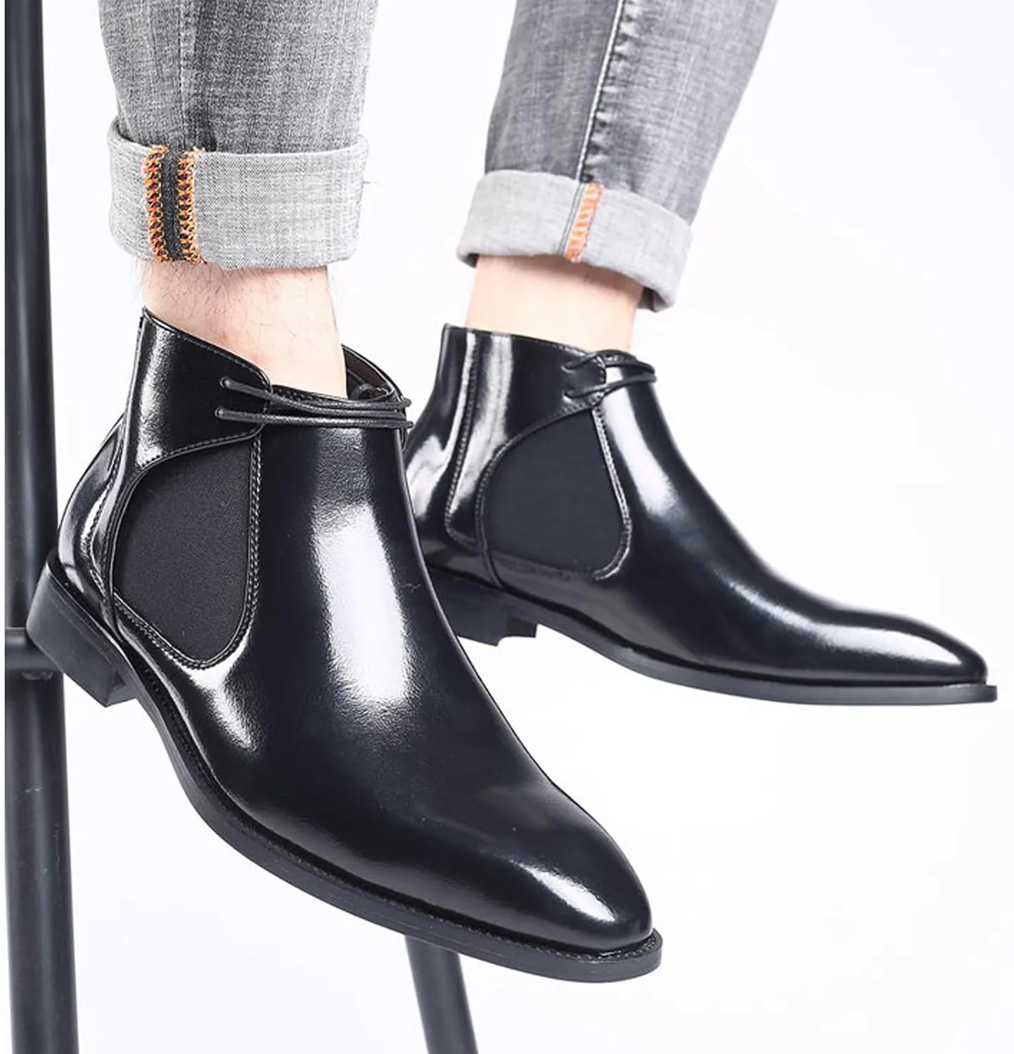 Men's Pointed Toe Lace Up Dress Chelsea Boots,Retro High Tops Elastic Ankle Boot Comfortable Slip-On Leather Business Work Formal Boots