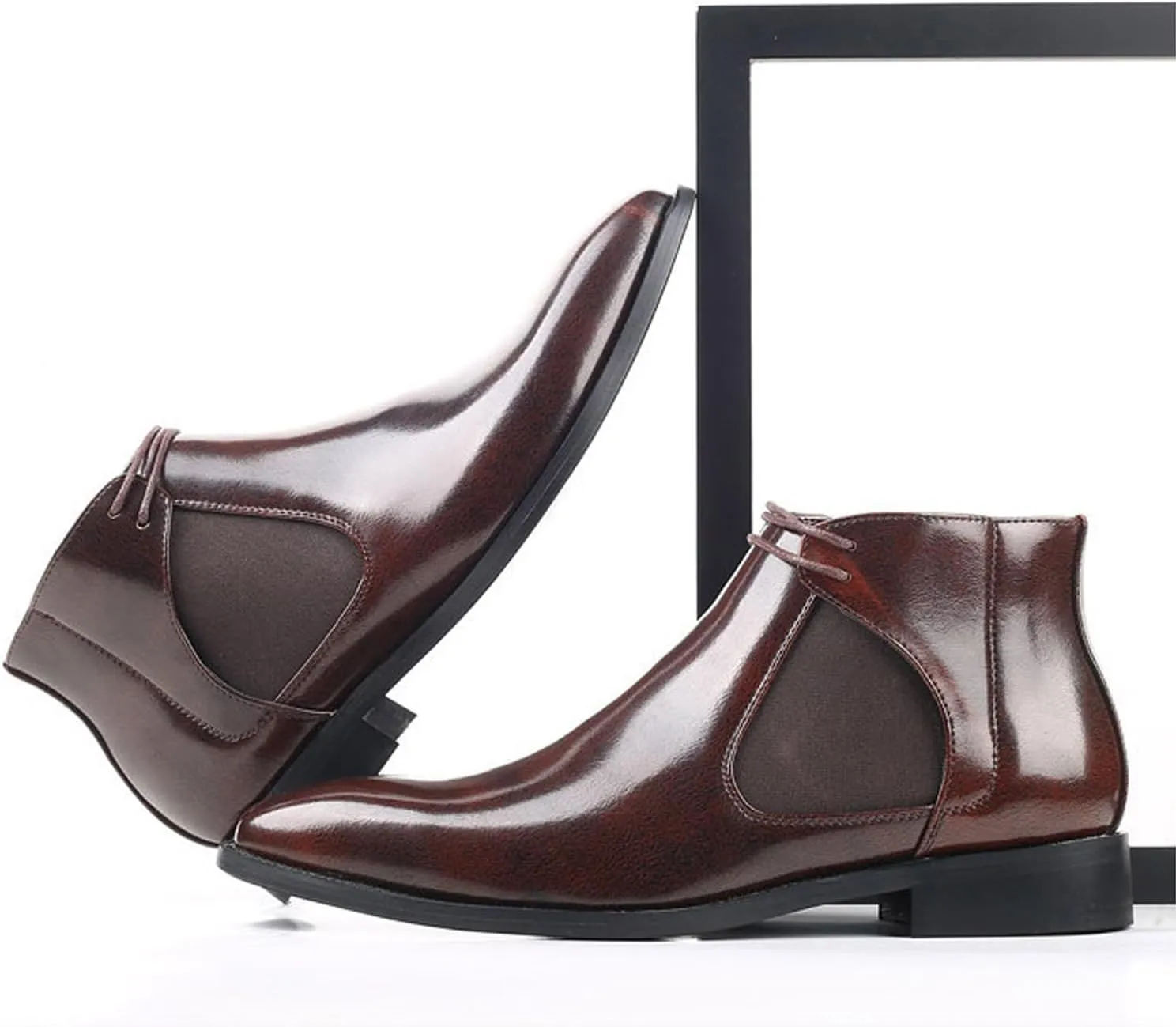 Men's Pointed Toe Lace Up Dress Chelsea Boots,Retro High Tops Elastic Ankle Boot Comfortable Slip-On Leather Business Work Formal Boots