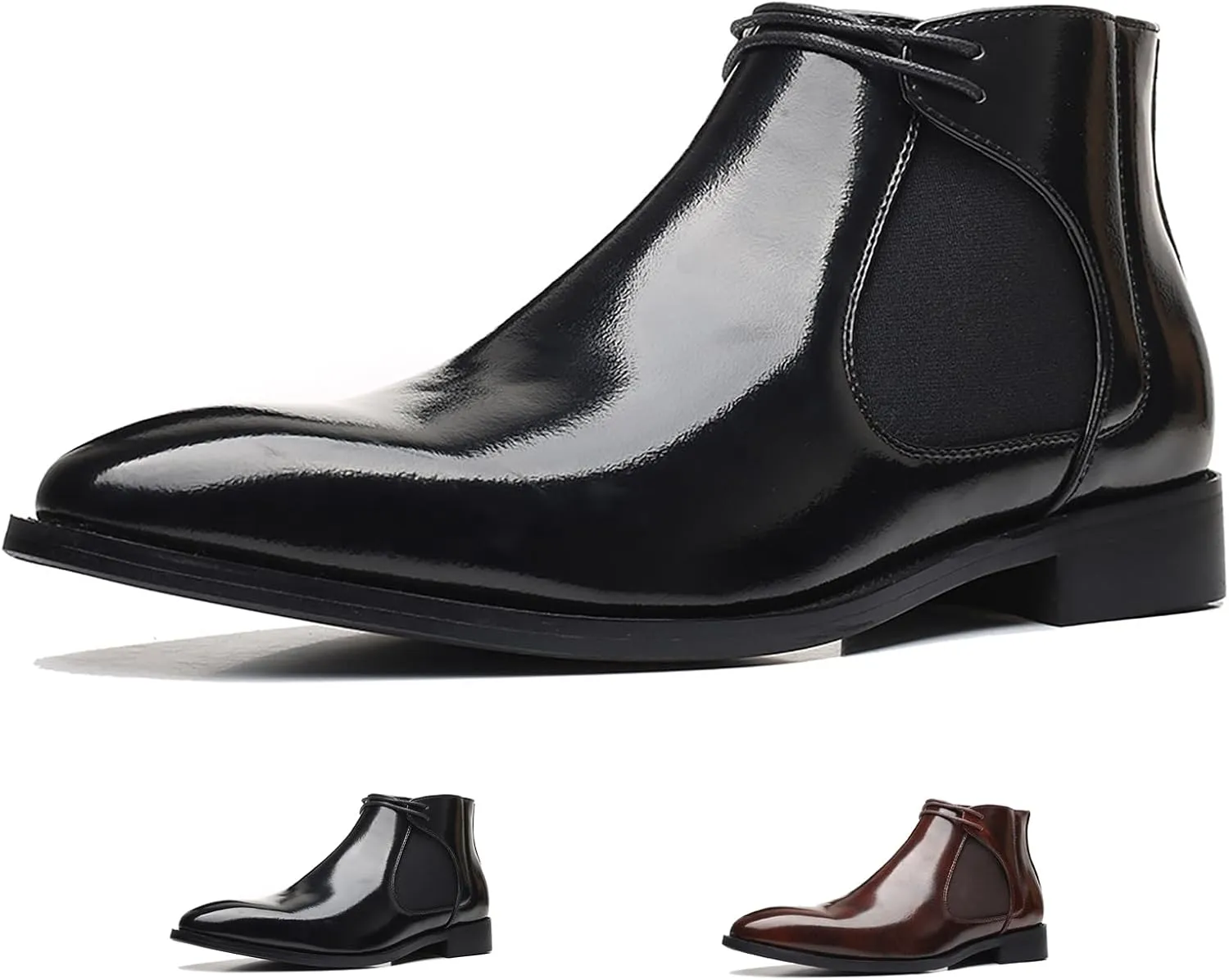 Men's Pointed Toe Lace Up Dress Chelsea Boots,Retro High Tops Elastic Ankle Boot Comfortable Slip-On Leather Business Work Formal Boots