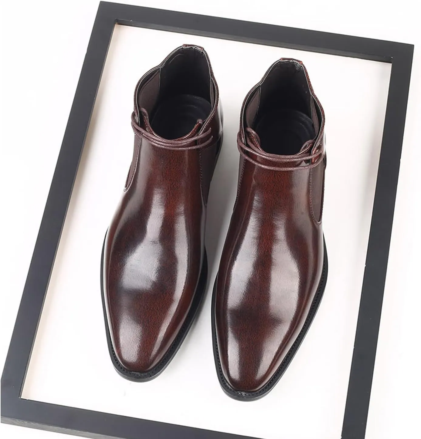 Men's Pointed Toe Lace Up Dress Chelsea Boots,Retro High Tops Elastic Ankle Boot Comfortable Slip-On Leather Business Work Formal Boots