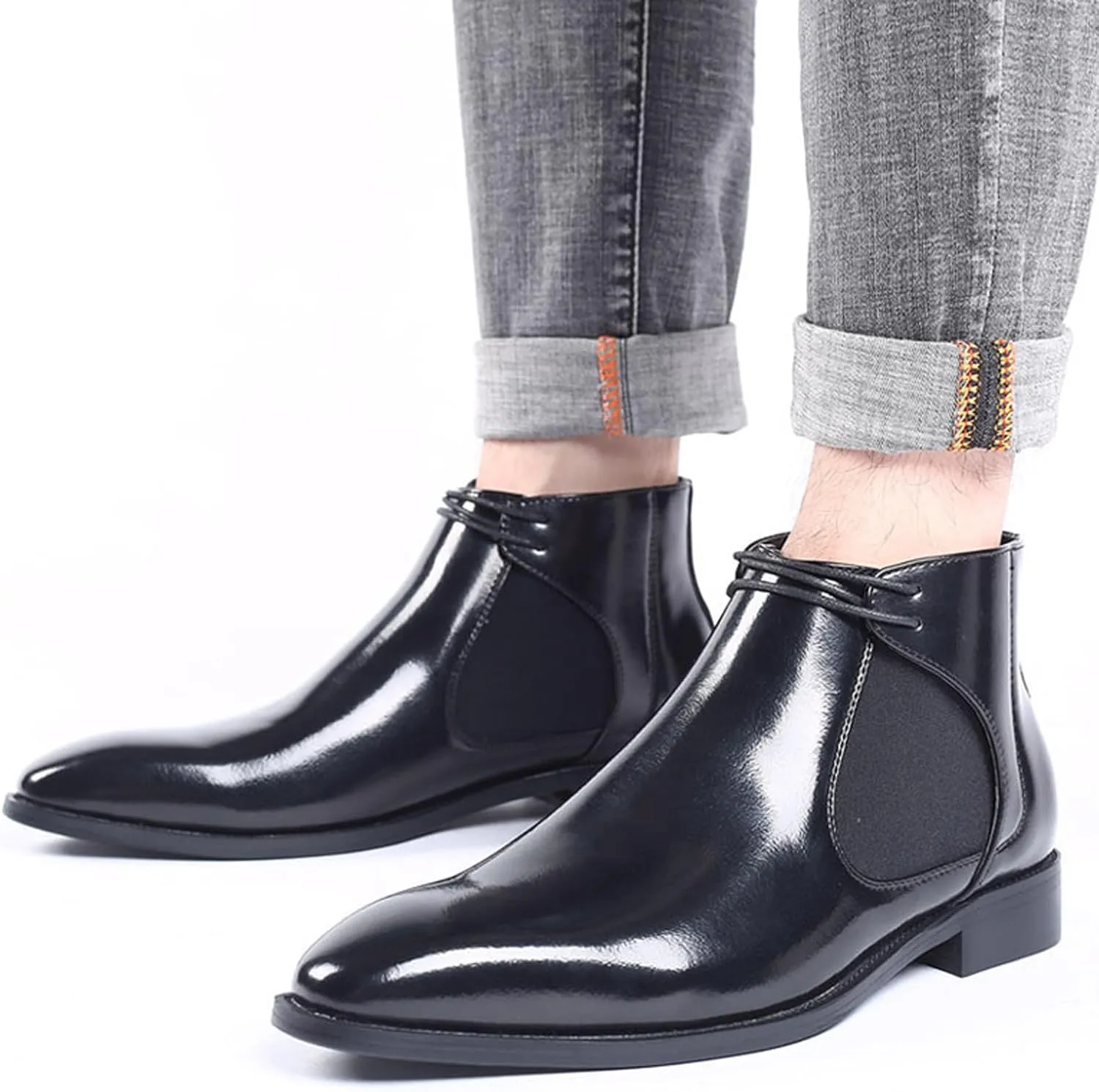 Men's Pointed Toe Lace Up Dress Chelsea Boots,Retro High Tops Elastic Ankle Boot Comfortable Slip-On Leather Business Work Formal Boots