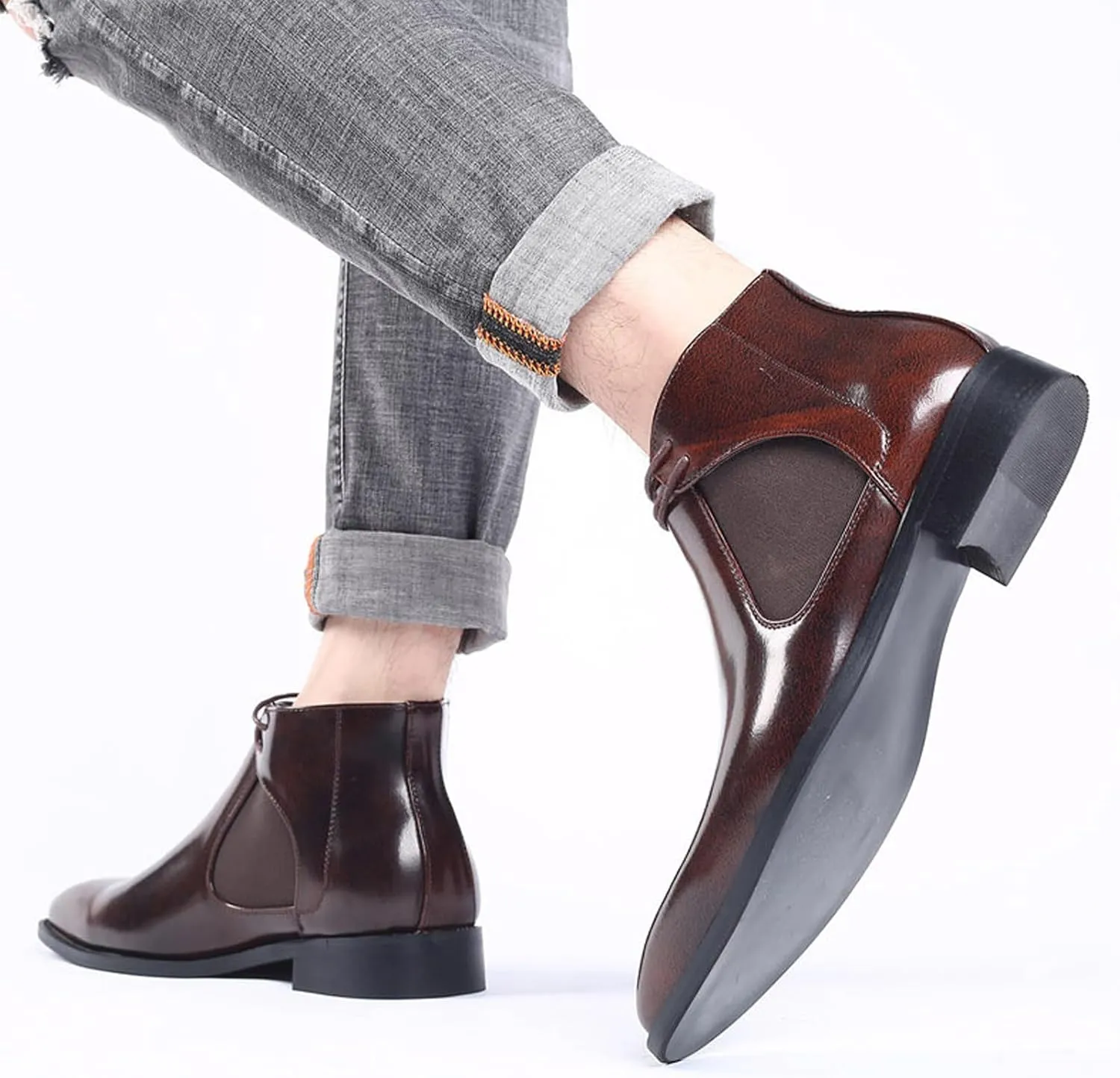 Men's Pointed Toe Lace Up Dress Chelsea Boots,Retro High Tops Elastic Ankle Boot Comfortable Slip-On Leather Business Work Formal Boots