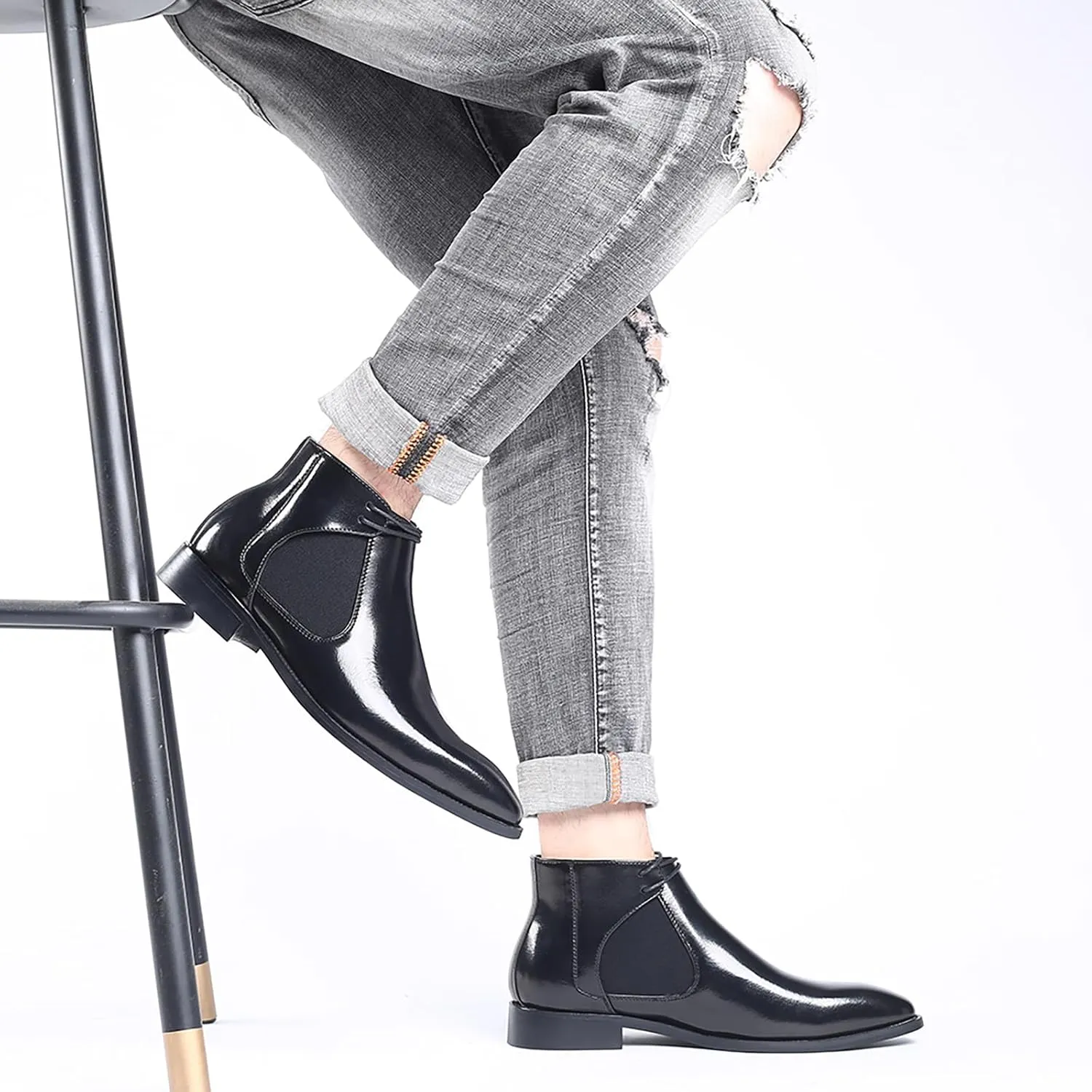 Men's Pointed Toe Lace Up Dress Chelsea Boots,Retro High Tops Elastic Ankle Boot Comfortable Slip-On Leather Business Work Formal Boots