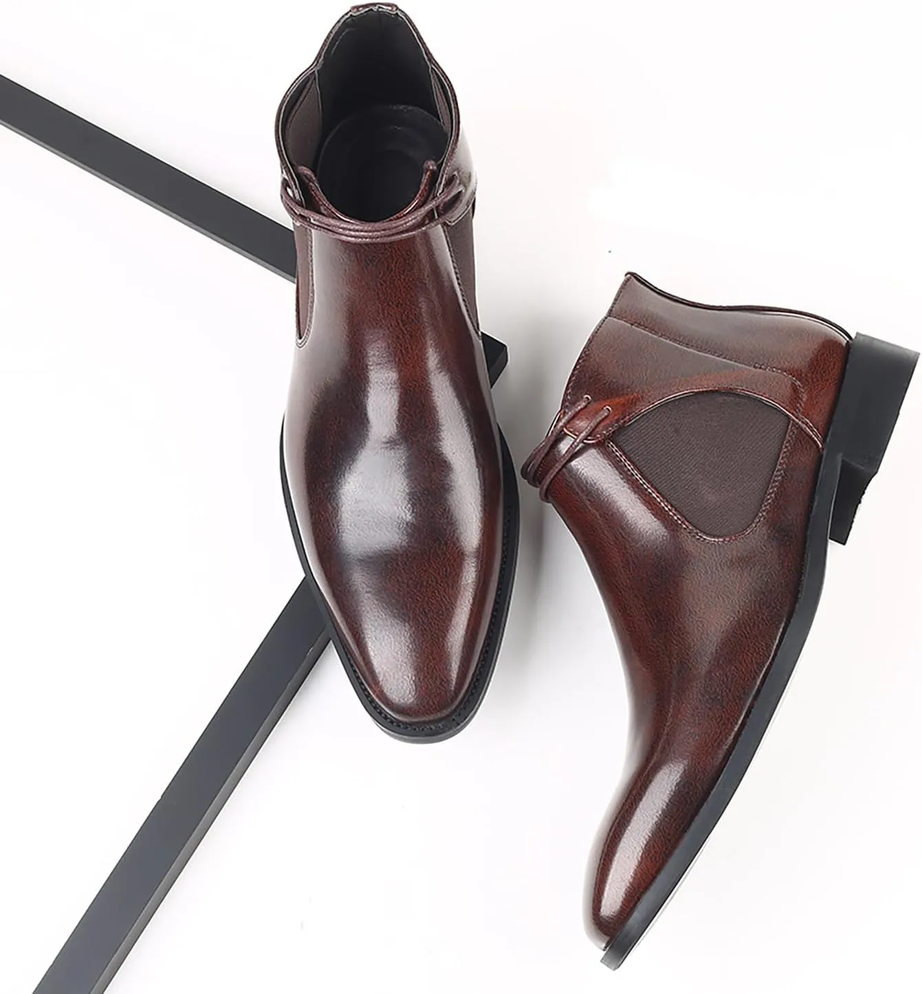 Men's Pointed Toe Lace Up Dress Chelsea Boots,Retro High Tops Elastic Ankle Boot Comfortable Slip-On Leather Business Work Formal Boots